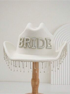 White 'BRIDE' Jeweled Fringe Cowboy Hat